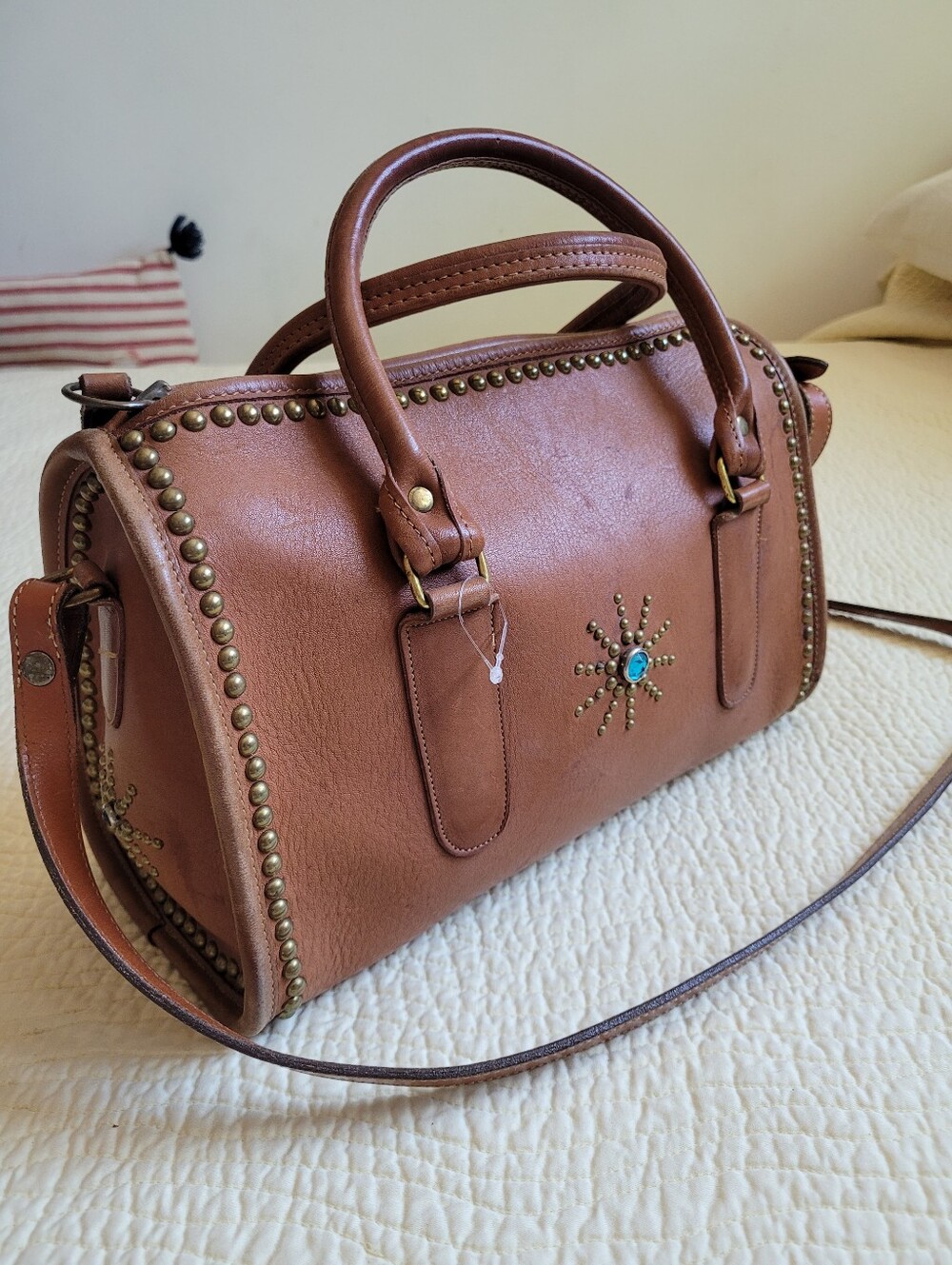 Coach Tan Leather Satchel with Turquoise Sunburst Accent - Picture 12 of 16